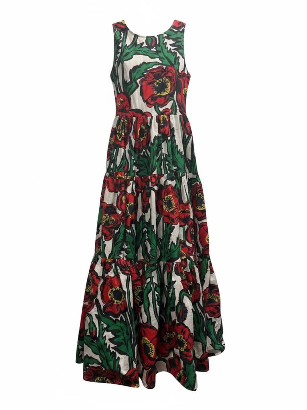 LA DoubleJ Red, Green and White Floral Tiered Maxi Dress